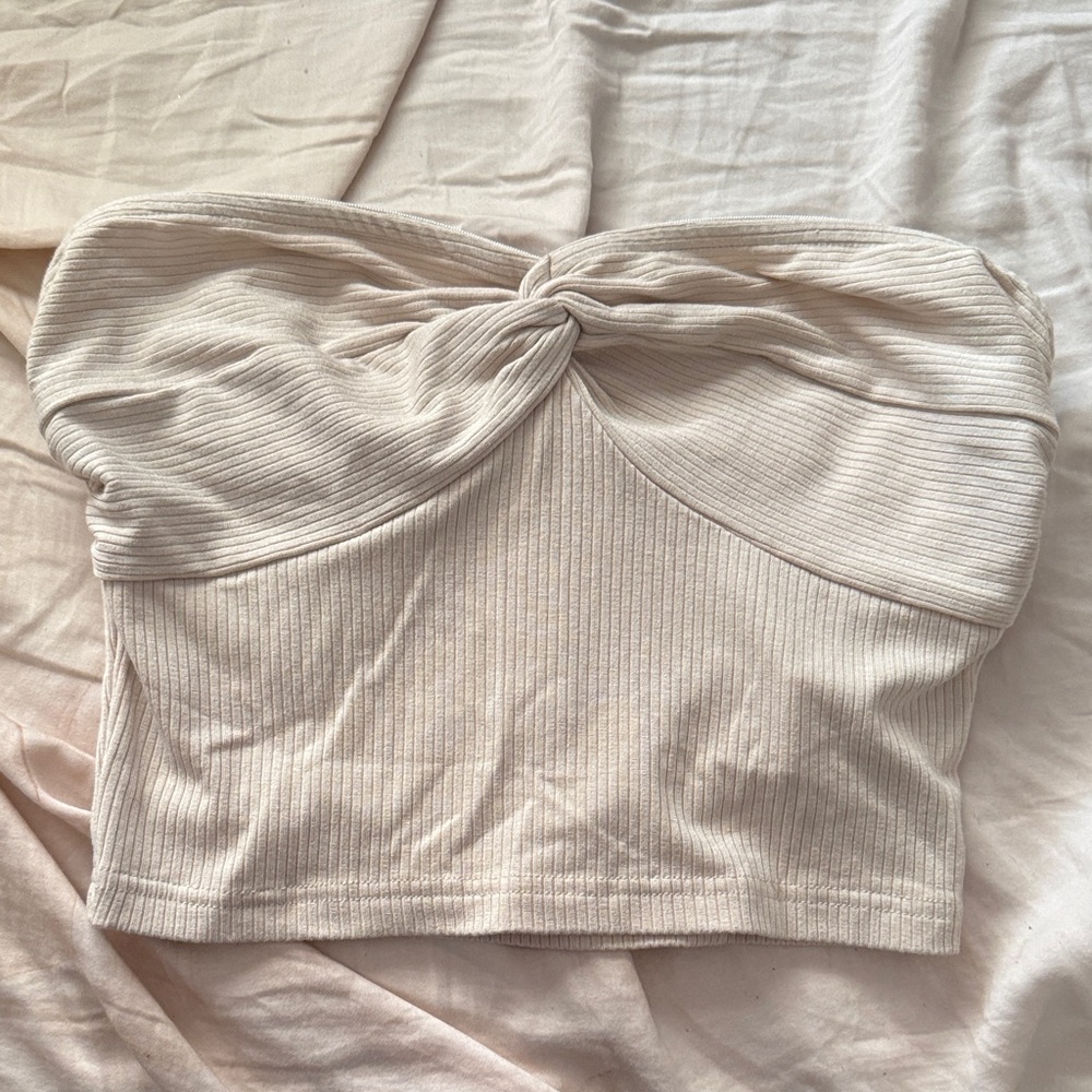 Cream Ribbed Knot Front Tube Top